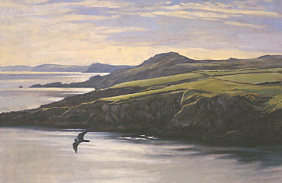 Painting of peregrine falcon, Falco peregrinus flying round the coast near Strumble Head, Pembrokeshire