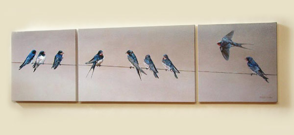 Swallows print - A line of swallows sitting on a wire