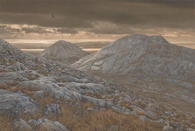 View from the Paps of Jura to Islay with circling golden eagles - Print from an oil painting by Martin Ridley.