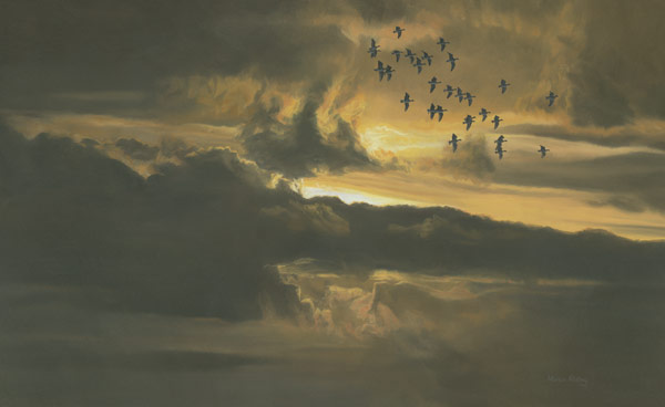 Flock of geese in flight against a sunset backdrop - Bird Painting for sale by Martin Ridley