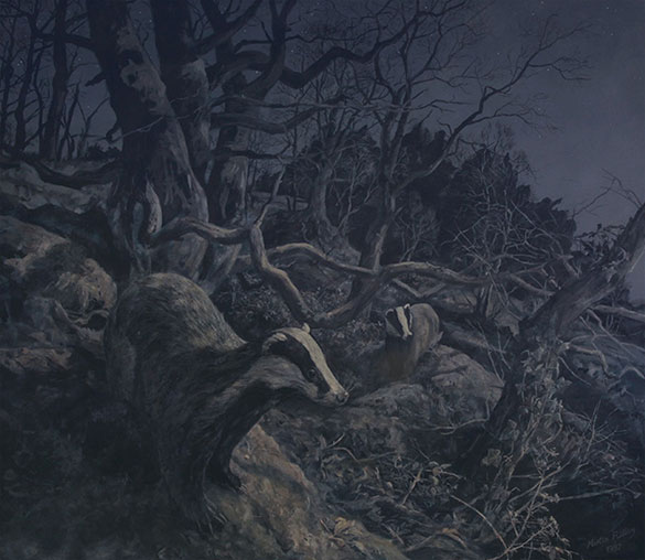 Moonlight wood - Painting of badgers emerging from their sett