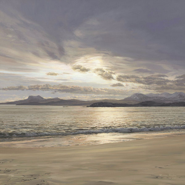 Oil painting of Melon Udrigle Beach Near Laide on the West Coast of Scotland the views are towards the mountain of An Tealach, Scottish Beach Pictures