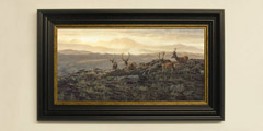 Red deer stags in velvet framed print for sale
