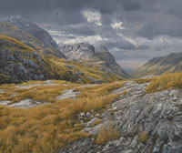 Glen Coe Print. A reproduction from an oil painting of the view down Glen Coe featuring the Three Sisters on the left. Scottish Landscape Print by Martin Ridley