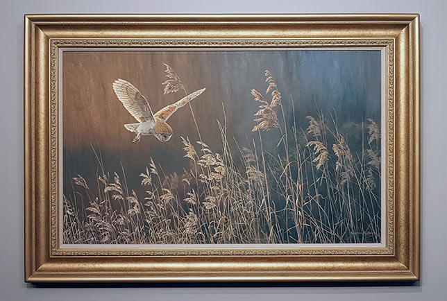 framed barn owl in flight oil painting for sale