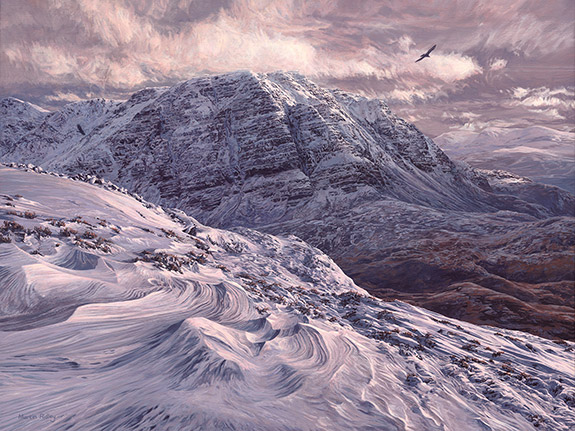 Martin Ridley oil painting of Slioch by Loch Maree in winter with snow. Two golden eagles soar on the wind.