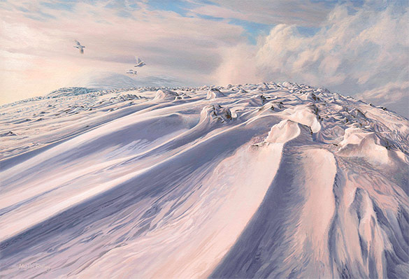 Hunting Golden Eagle - Oil Painting by Martin Ridley. Eagle chasing winter mountain hare over snow.