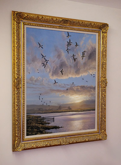 gold framed teal in flight oil painting for sale