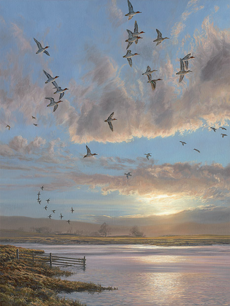 Original oil painting flight of teal ducks
