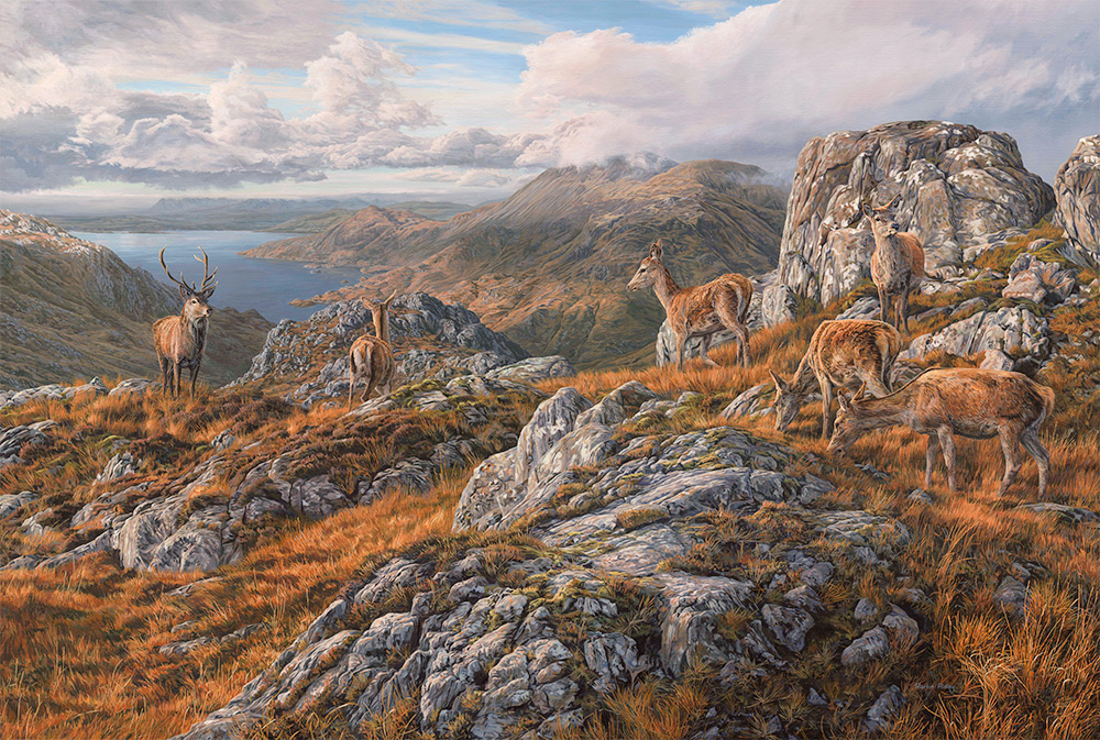 Oil painting of view across Loch Hourn past the Ben to The Cuillin, Isle of Skye