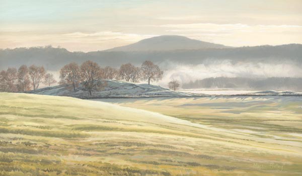 Turlem Hill viewed from Comrie, Perthshire. Misty morning landscape painting